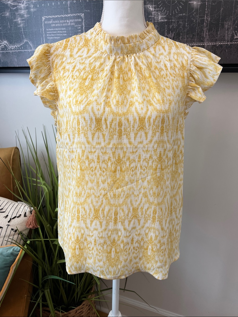 Yellow Patterned Ruffle Sleeve Women's Top